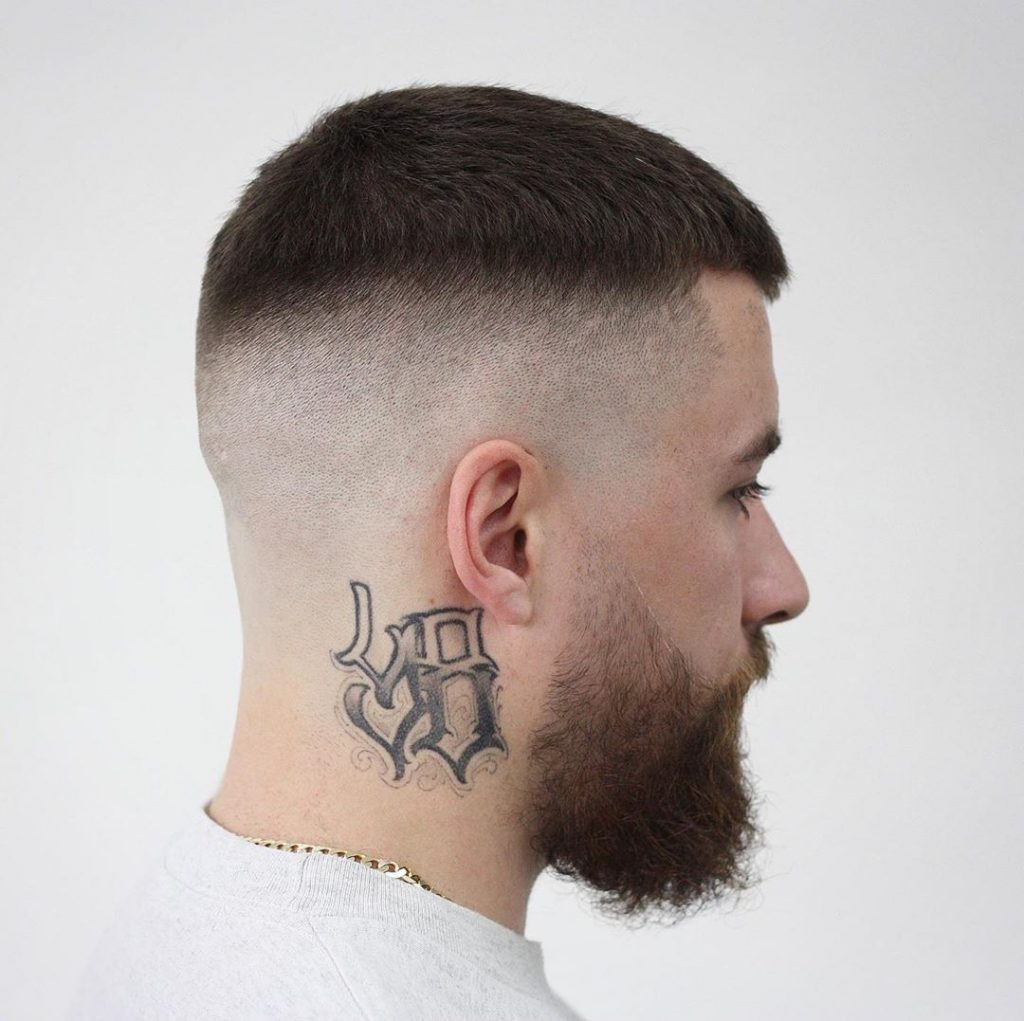 High skin fade haircut with beard for white guys