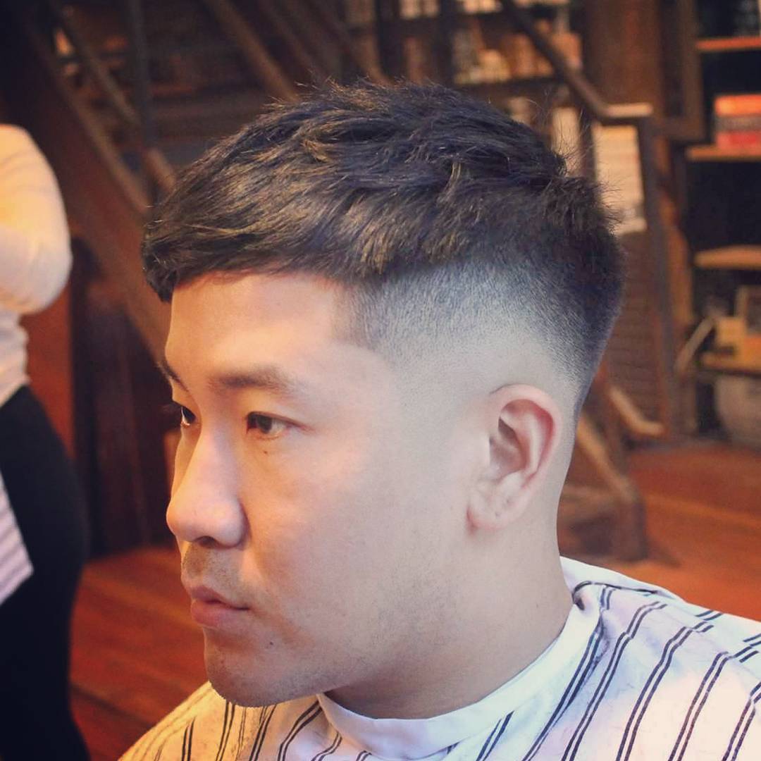 Short Crop Haircut with Angled Fringe + Bald Fade