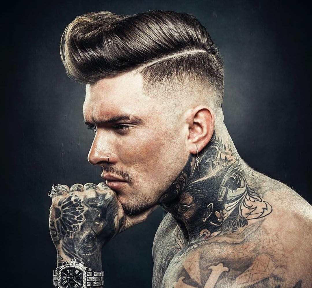 Thick hair pompadour hairstyle and bald fade